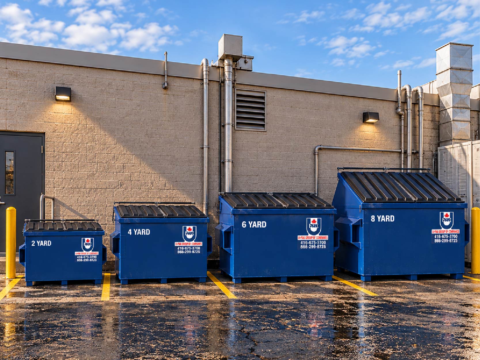U-Pak different sizes of waste bins. U-Pak front-end truck. U-Pak provides optimized commercial waste management solutions to businesses in the GTA.
